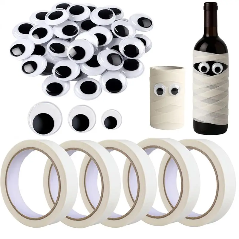 

A01F-Halloween Masking Tape 5 Rolls For Decoration, 300 Pcs Black Wiggle-Googly Eyes Self Adhesive 6Mm 12Mm 20Mm For DIY Crafts