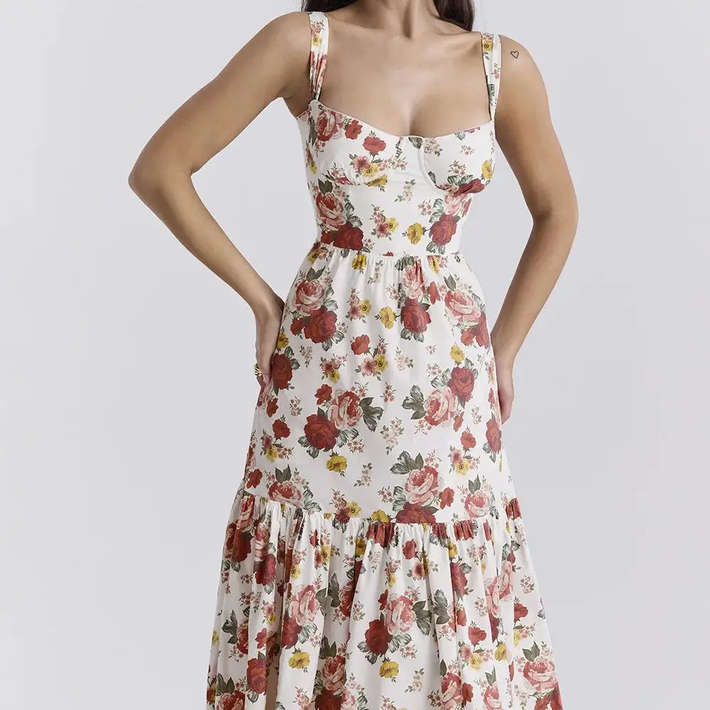 Sweet Spicy Style Floral Backless Midi Dress Vestido De Verano Con Estampado Floral 2024 Para Mujer Robe Ete Robe Chic Élégante