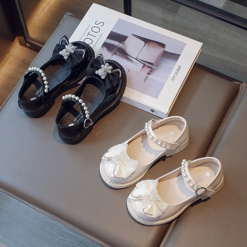

Princess Pearl Flat Children's Shoes for Girl Black Mary Jane Loafers Sneakers Kids Party Shoes Fashion Bow Leather Shoes 6 Year