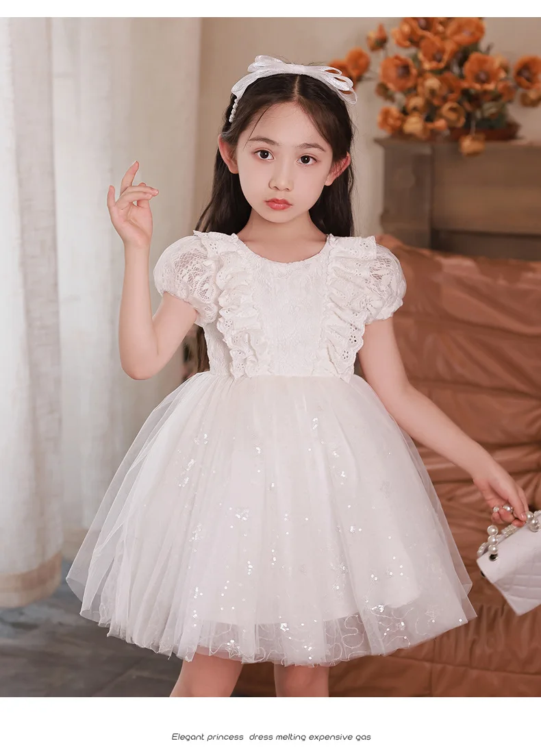 Princess Puffy Dress for Girls Fashion Lace Sequin Evening Dress Children's Baptismal White Costume Kids Girl Birthday Dress