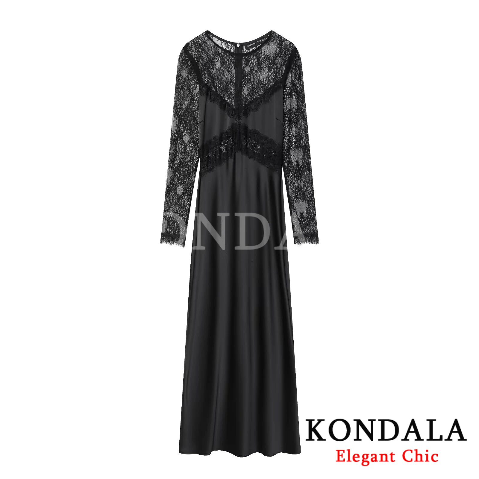 KONDALA Elegantes Abendkleid für Damen, Spitze, Patchwork, durchsichtig, langärmelig, langes Kleid, 2025, Herbstmode, Neujahr, Party, Damenkleid