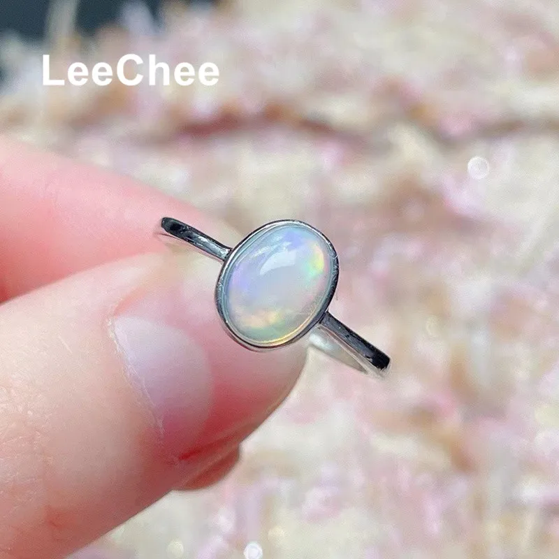 6*8MM Natural Opal Ring Oval Colorful Gemstone Minimalist Fine Jewelry Real 925 Sterling Silver for Women Anniversary Party Gift