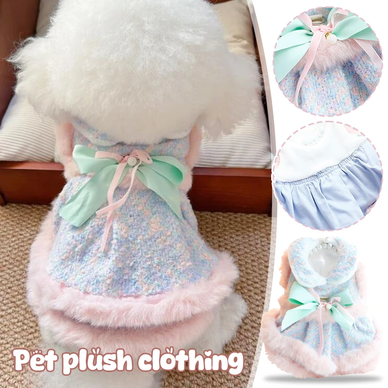 Cute Fluffy Pet Jacket Warm Dog Cat Plush Sequin Dress New Big Bow Petwear Coat Vest Fashion Lace Bow Trim Small Dog Outerwear