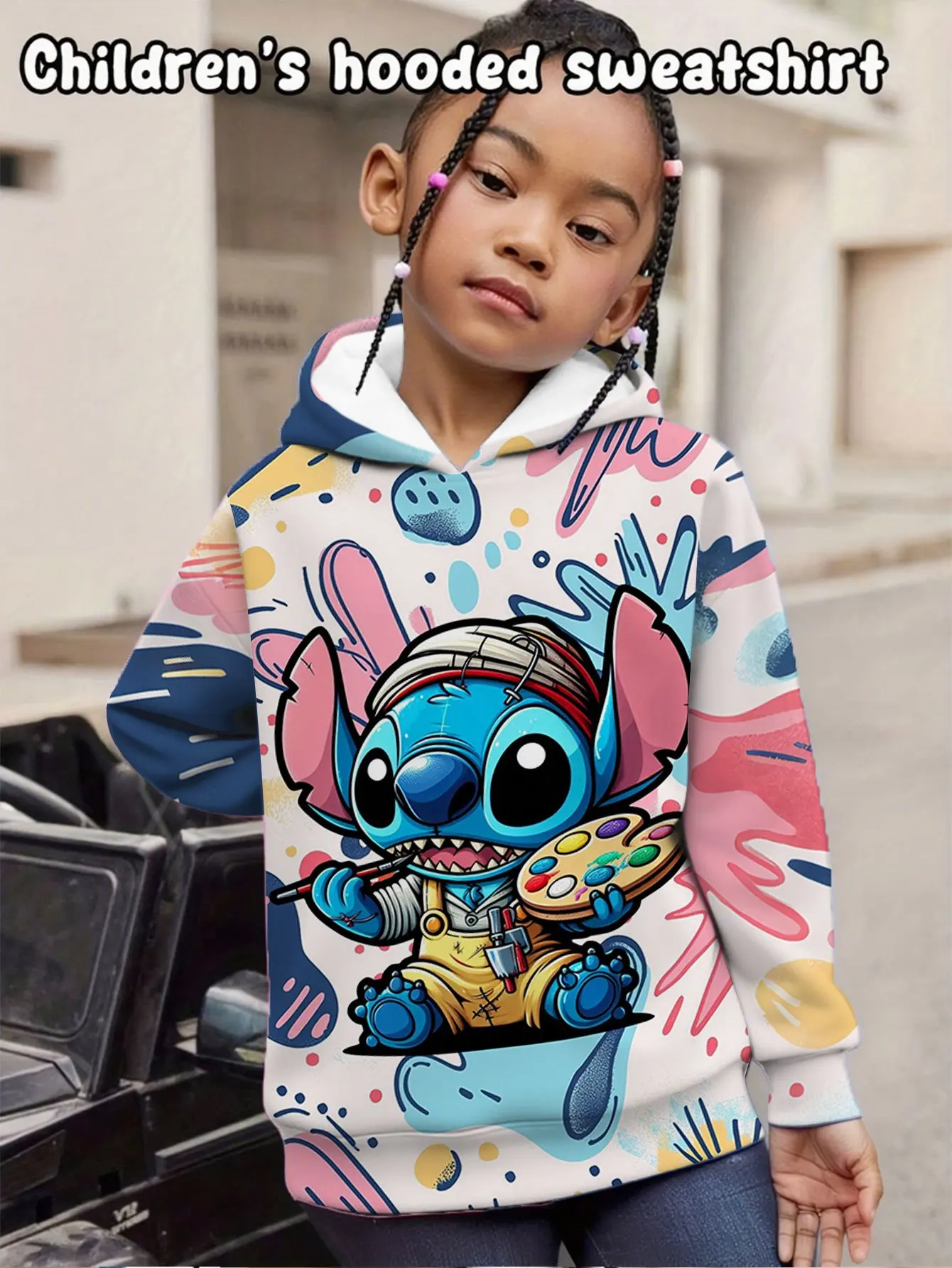 

Trendy Stitch Print Children's Hoodie, Street Style Winter Pullover, Cartoon Warm Sweatshirt for Boys and Girls