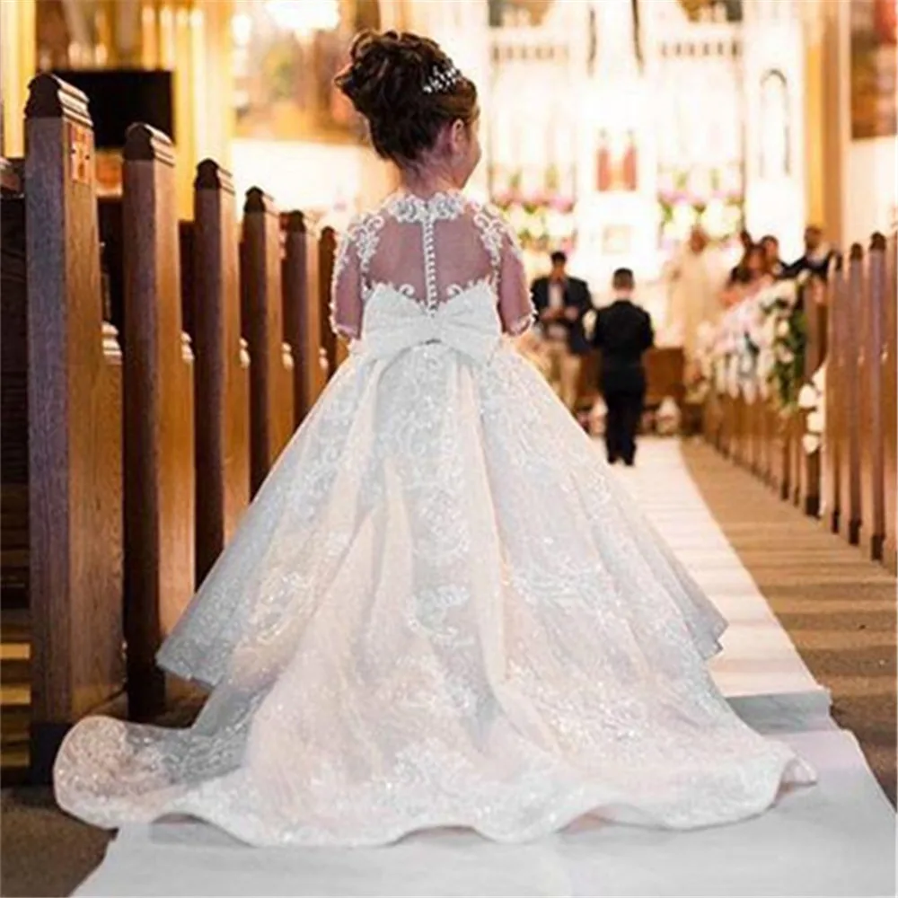 

Flower Girl Dresses With Sash Lace Appliques Custom Made Ball Gown First Communion Dresses for Girls Elegant Hot Sale