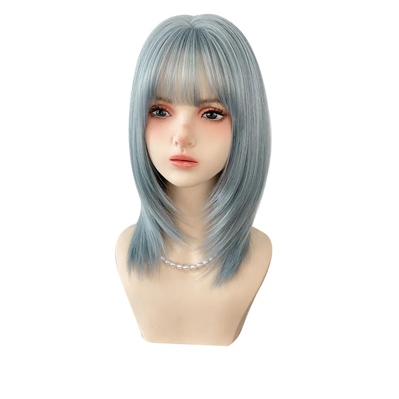Summer Lightweight Blue Short Hair Full Head Wig Universal Cosplay Natural And Fashionable Lolita Bob Hairstyle