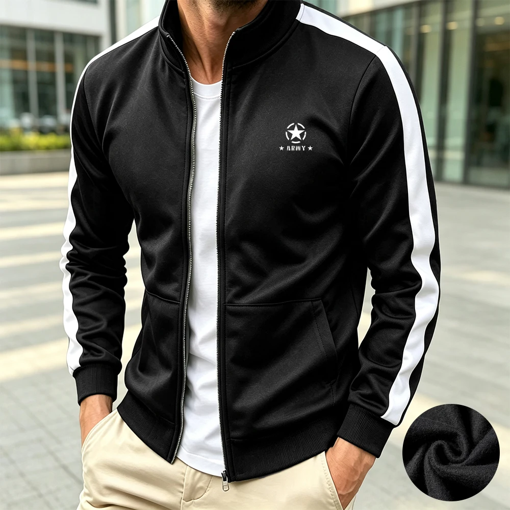 Men's Five Pointed Star Print Stand Collar Zip Up Jacket Autumn Warm Casual Sports Jacket Outdoor Running Fitness Commute Top