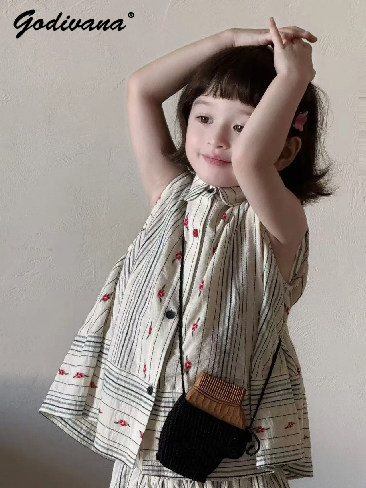 Baby Girls Summer Pure Cotton Breathable 2pcs Set Kids Luxury High End Sleeveless Doll Collar Floral Top and Loose Casual Pants