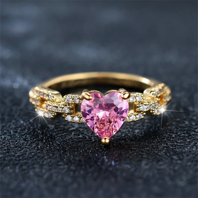 Cute Female Pink Zircon Stone Ring Trendy Yellow Gold Color Heart Engagement Rings For Women Bride Wedding Jewelry Gift