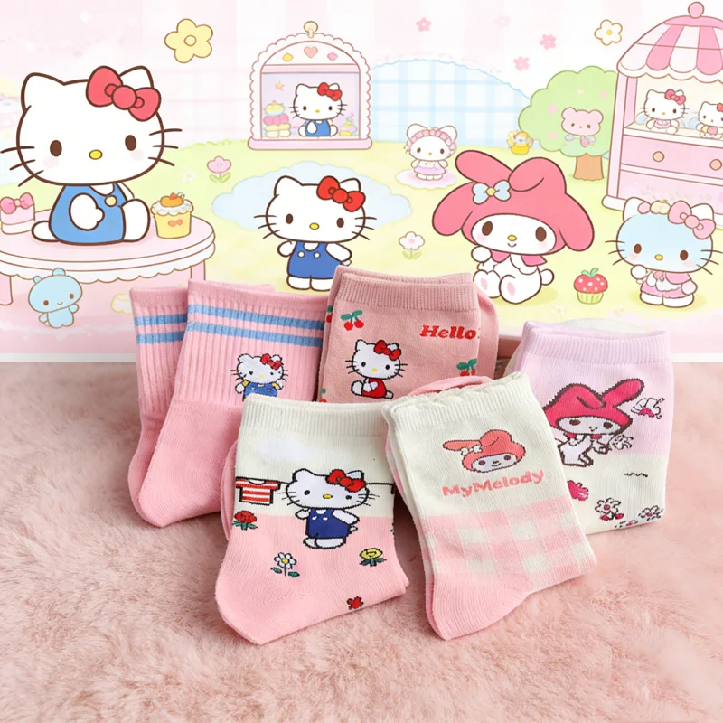 

Sanrio 5-Pair Four Seasons Women's Sweet And Cute Cartoon Hello Kitty/Melody Pattern Versatile Casual Sweat Absorbing Long Socks