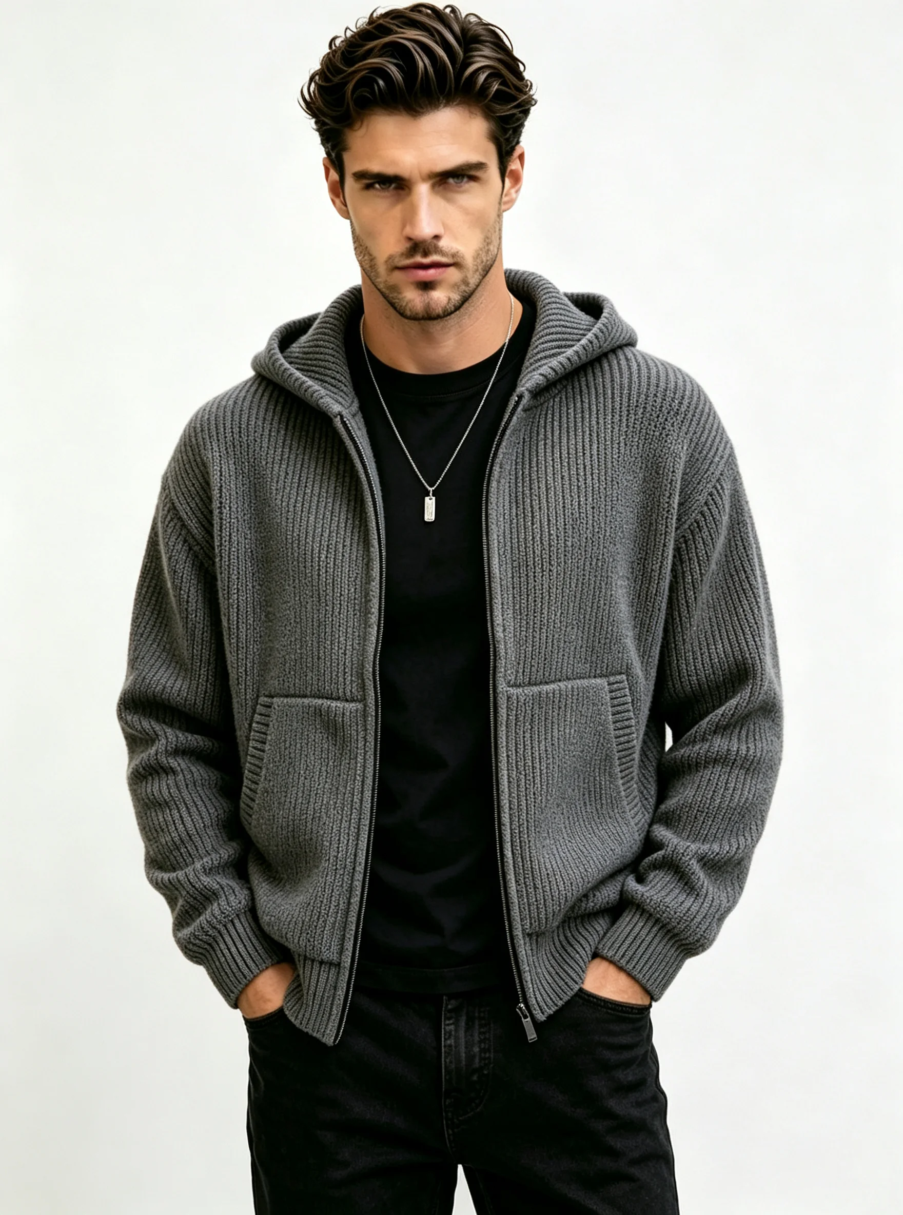 Herren Strickjacke mit Reißverschluss und Kapuze, locker geschnittene gerippte Strickjacke mit Taschen, langen Ärmeln, einfarbig, Streetwear für Herbst und Winter. – Detail 5