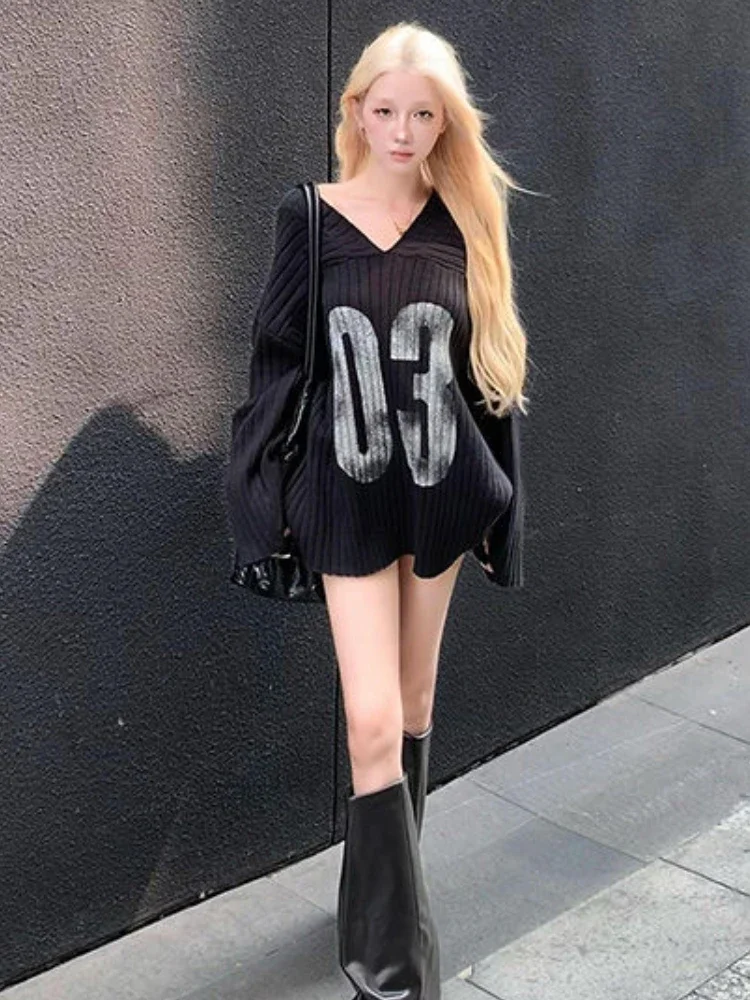 Y2k Aesthetic Vintage Print Loose Pullovers Casual Grunge Harajuku Sweaters V-Neck Off Shoulder All Match Jumpers Korean Fashion