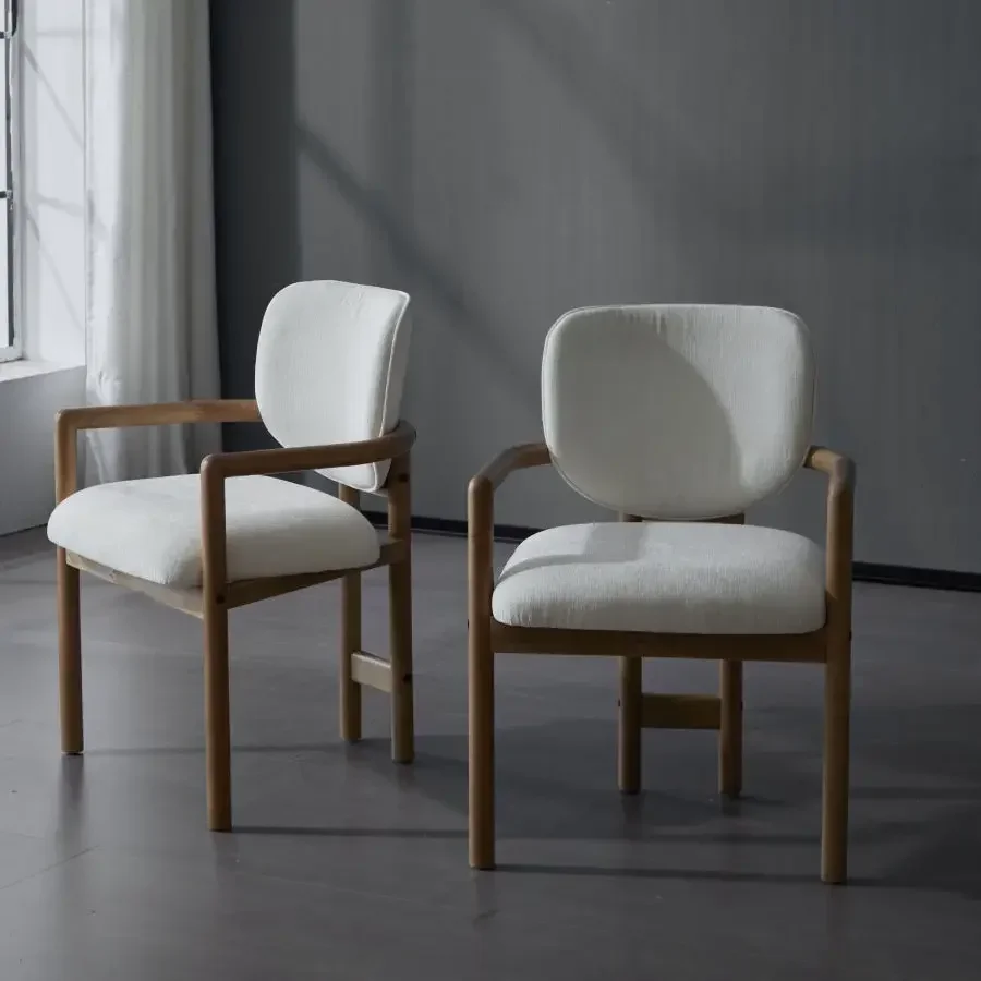 Dining Chairs Set of 2 Upholstered Arm Chairs, Rubber Wood Accent Chairs White Fabric Seating, 300 LBS Weight Capacity