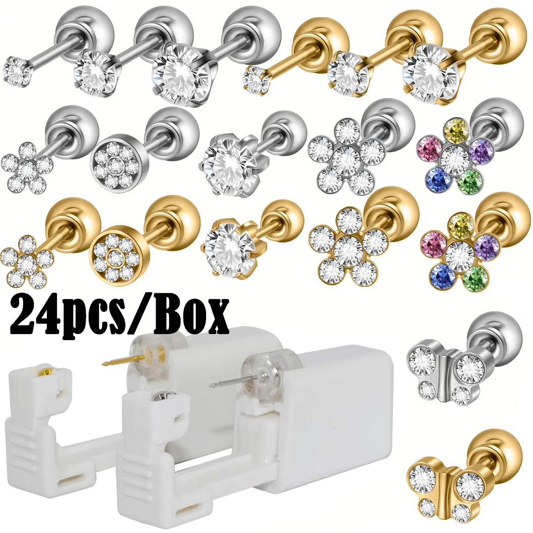 24 pz/scatola pistola per Piercing all\'orecchio usa e getta chiusure a sfera sicure Mini Daisy Crown Earring Piercer Machine Tool per bambini adulti