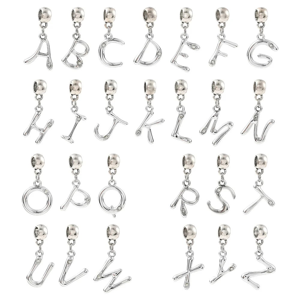 26pcs Alloy Letters Alphabet Charms Large Hole Crystal Rhinestone Letter Pendants for DIY Chain Bracelet Name Jewelry Making