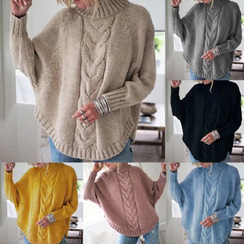 Women Plus Size Batwing Sleeve Turtleneck Cable Knit Loose Pullover Sweater