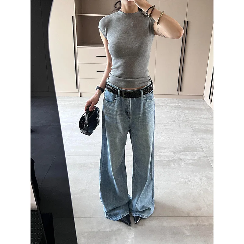Lengthening Light Blue Wide-leg Jeans Women's Vertical Straight Mop Pants
