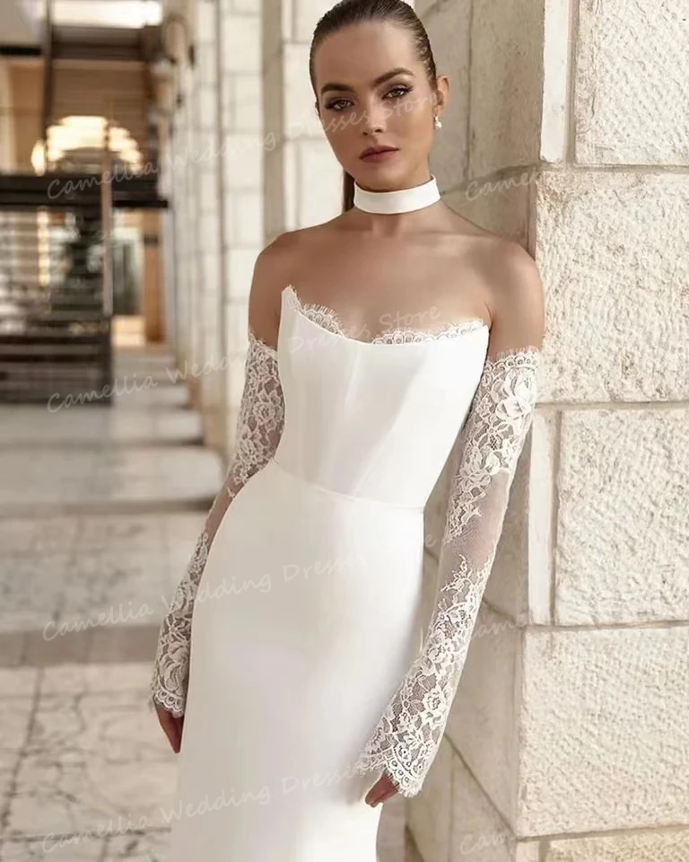 Robe de mariée sirène sans bretelles pour femmes, robes de mariée sexy, dos nu, manches en dentelle, satin plissé, patients, quoi que ce soit, éducatif, 2024