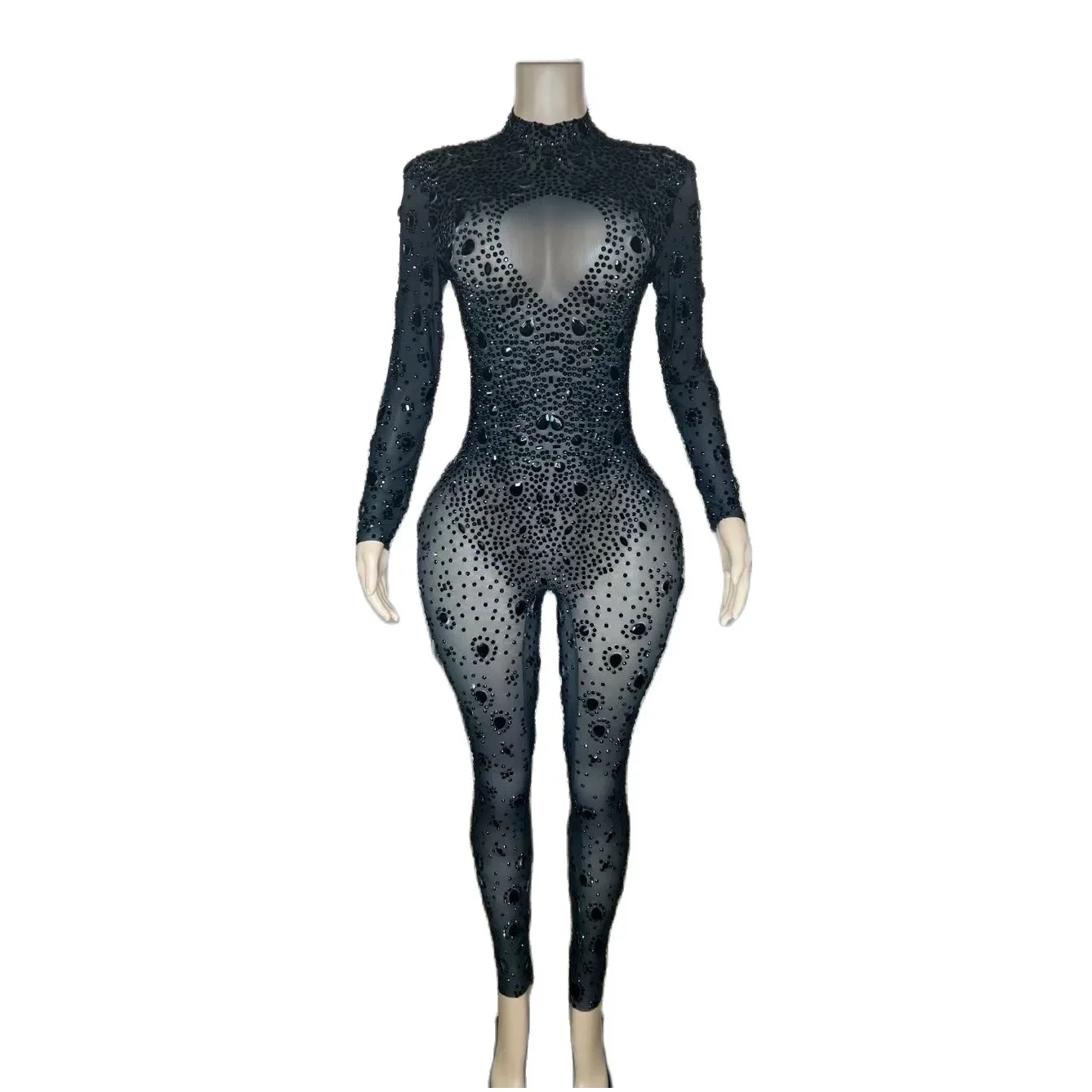 Gauze Black Shining Rhinestones Sexy Long Sleeves Jumpsuits For Women Prom Dance Pole Clothing Nightclub Party Costumes