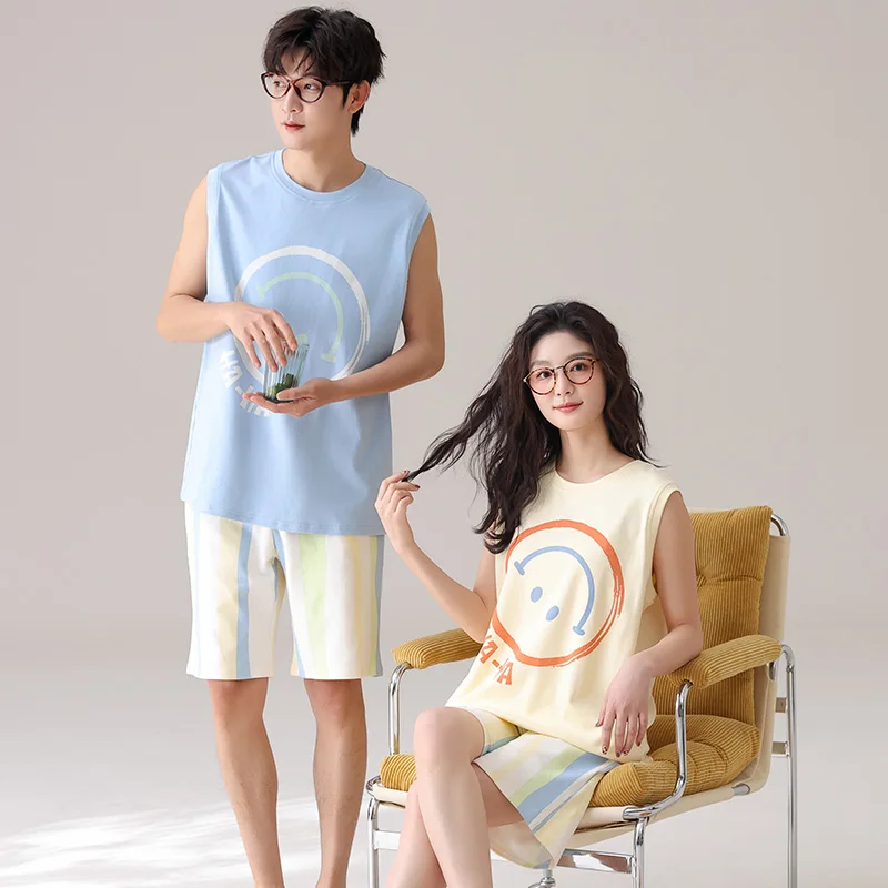 

Summer Couple Pajama Set 100% Cotton Sleeveless Pyjamas Lover Casual Vest Pijama