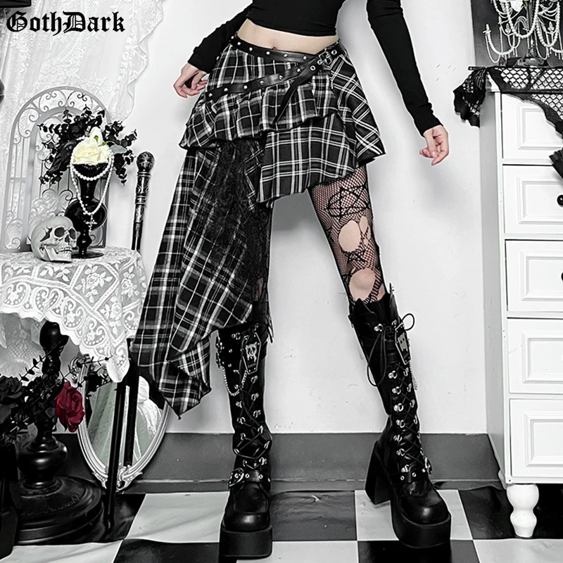 

Готические темные клетчатые юбки трапециевидной формы Cyber Y2K, лоскутные штаны с кружевными деталями, Mall Goth, асимметричные юбки в стиле панк, женские наряды для косплея