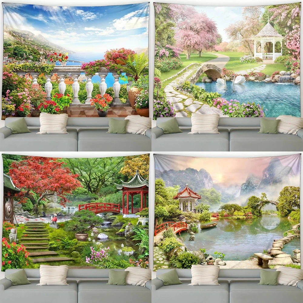 Garden landscape tapestry pink cherry blossom tree pattern home decoration wall background cloth house living room hanging cloth