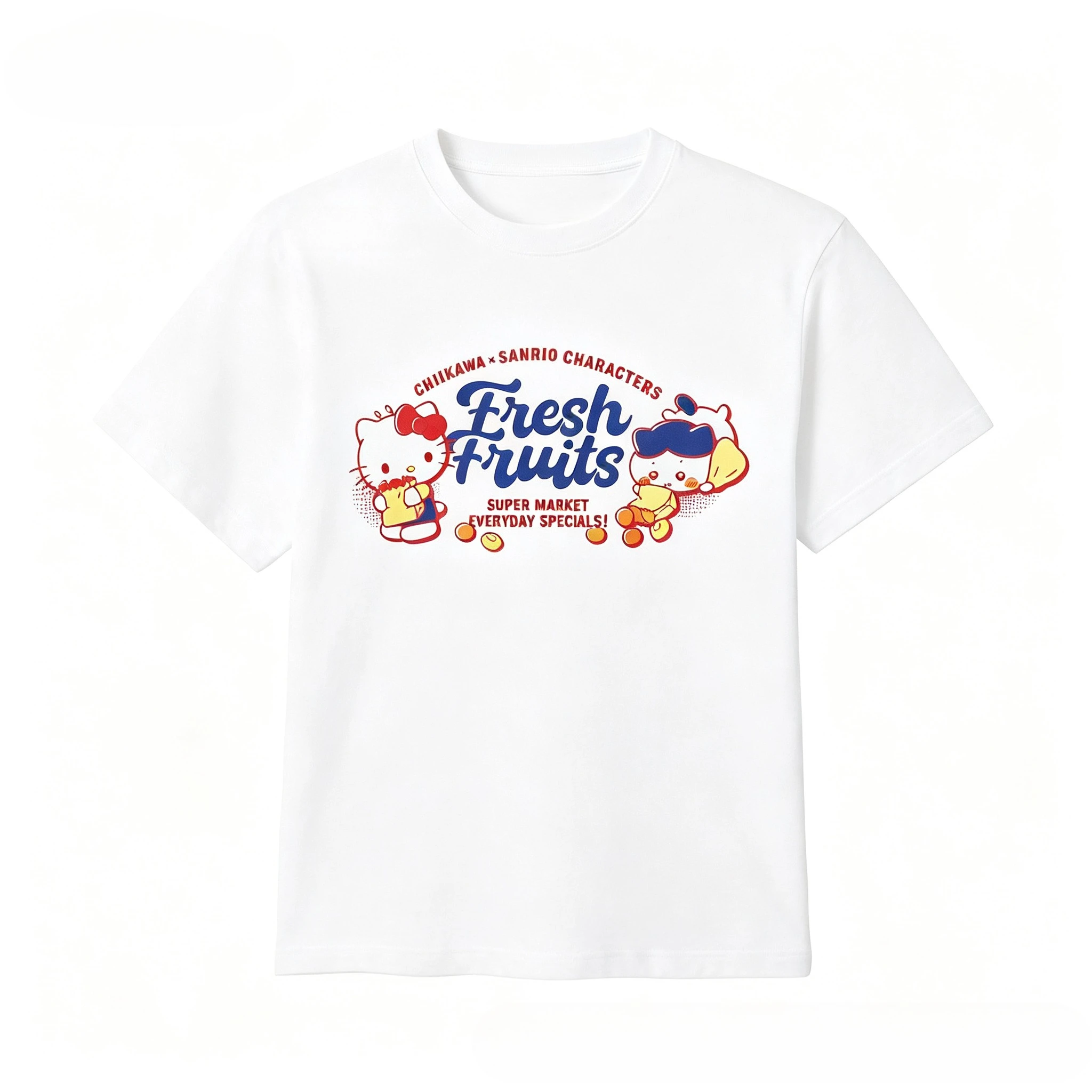 Kawaii Chiikawa Sanrio Kollaborations-T-Shirt Hello Kitty Hachiware Frische Früchte Retro-Druck Lässiges, lockeres Kurzarm-Unisex-Sommer-T-Shirt – Detail 3