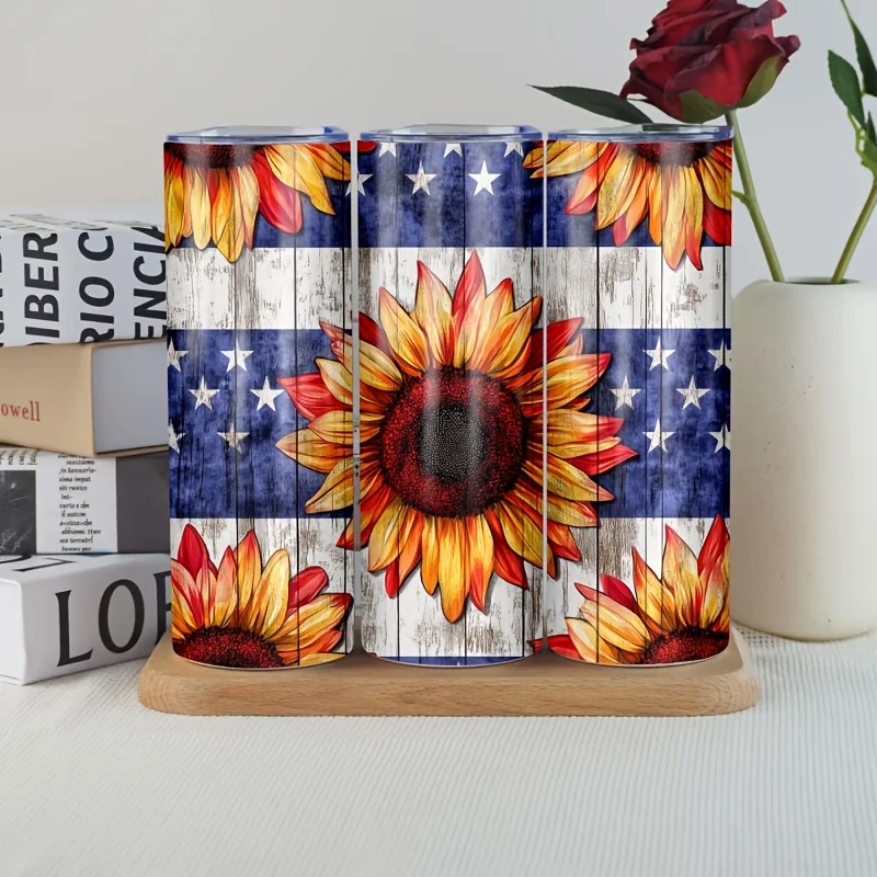 1pc 20oz Sunflower National Flag Gradient Pattern Portable Fashion Sports Tumbler, a Holiday Gift for Fitness Enthusiasts, Athletes, Daughters, Dads, Moms, Relatives, and Classmates. Includes Lid and Straw. Double-walled Interior Design. Can Hold Hot