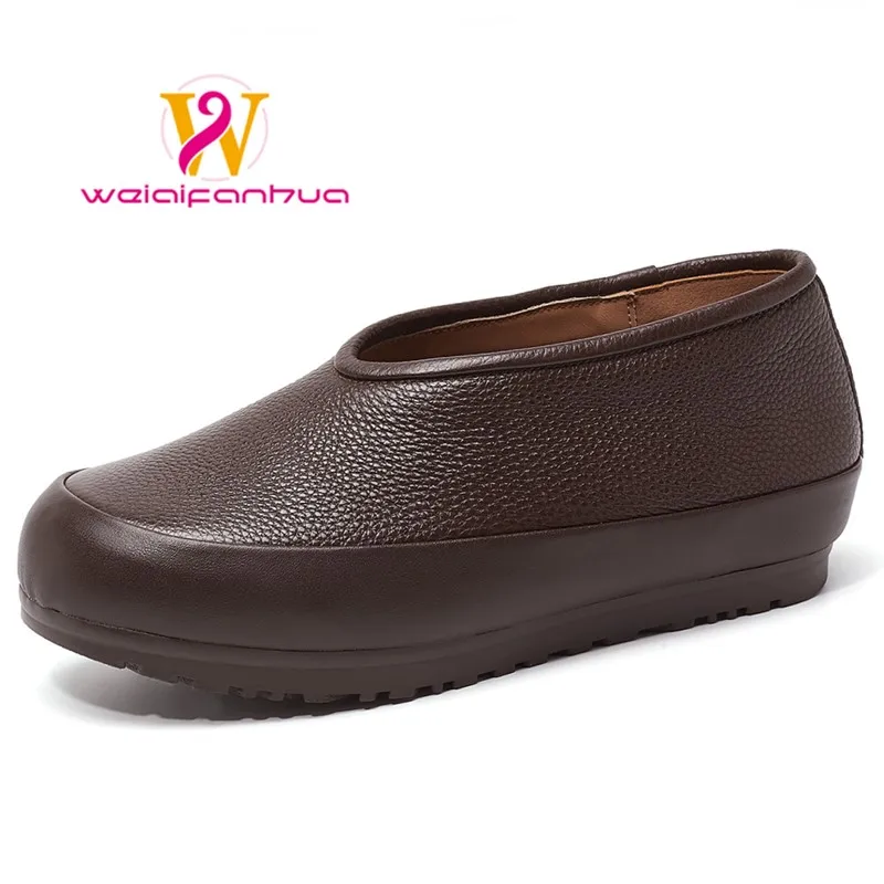 

Женские туфли из натуральной кожи, новая модель 2026 года, ретро, теплые, в форме боба, на плоской подошве, класса люкс, для мам