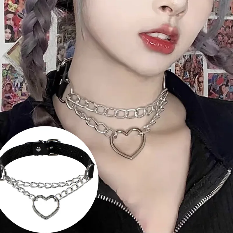 

Vintage Sexy Harajuku PU Leather Chain Pendant Necklace for Women Men Punk Gothic Black Heart Rivet Collar Statement Jewelry