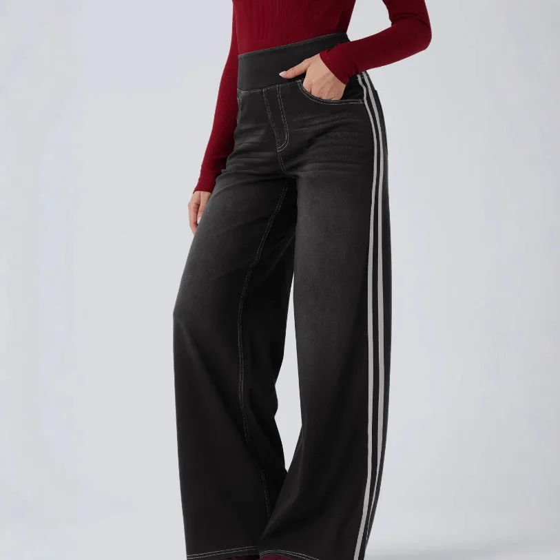 Damen-Jeanshose aus gewaschenem Denim mit weitem Bein, seitlichem Streifendetail und hochtailliertem Design, lässige, vielseitige Retro-Hose