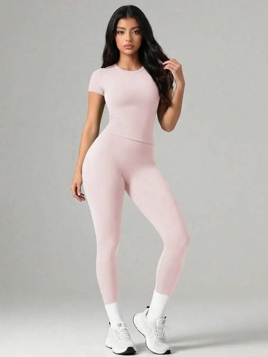 

Womens Crew Neck Short Sleeve Top And High Waisted Yoga Sports Pants Set