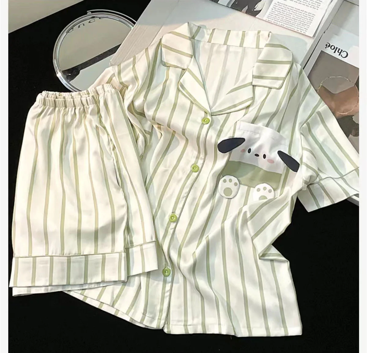 New Kawaii Cute Sanrio Pochacco Pajamas Short Sleeved Home Suit Cartoon Lovable Green Vertical Stripe Birthday Gift For Girls