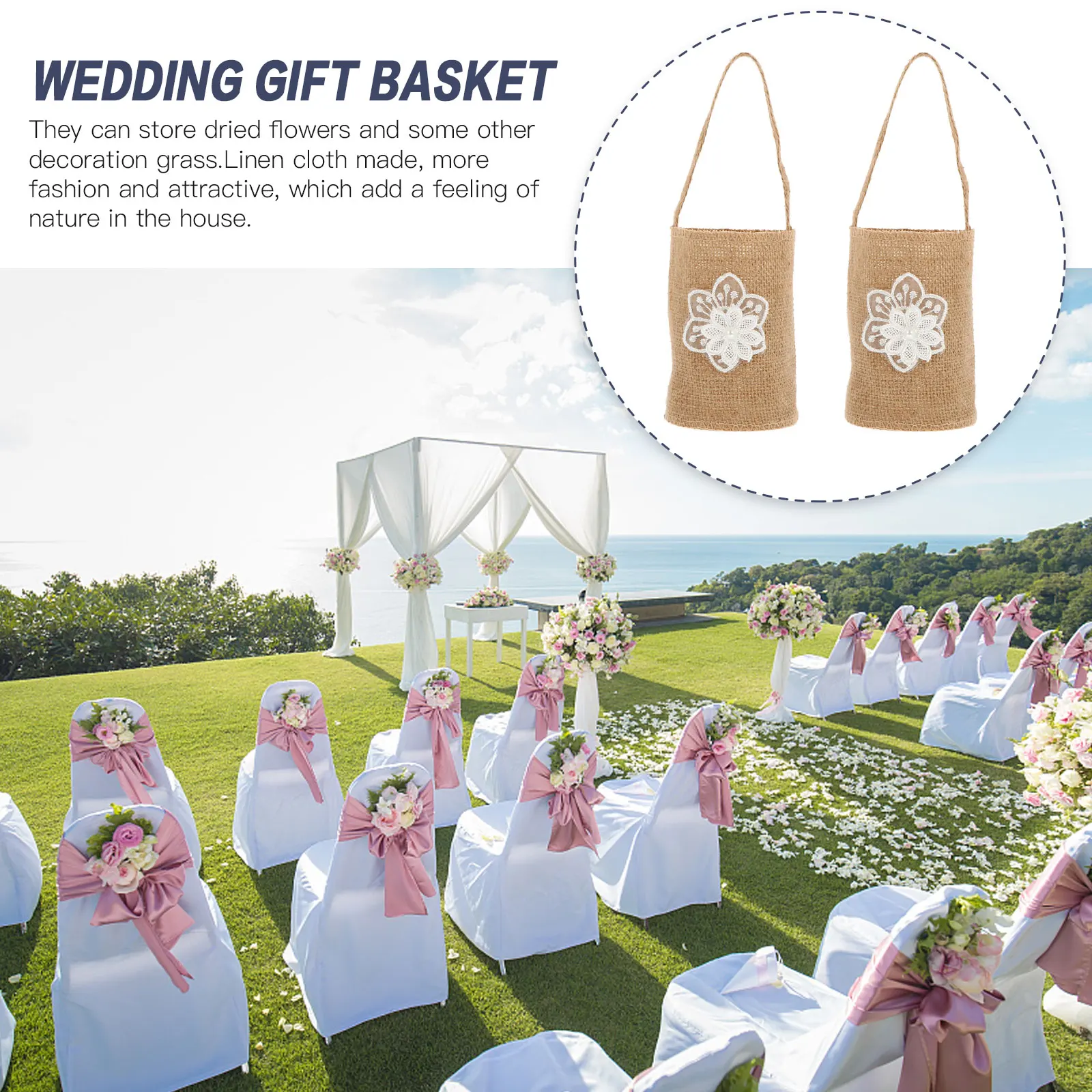 

2 Pcs Linen Storage Baskets Eco Friendly Wedding Burlap Bags Flower Girl Basket Photography Props Home Use for Banquet