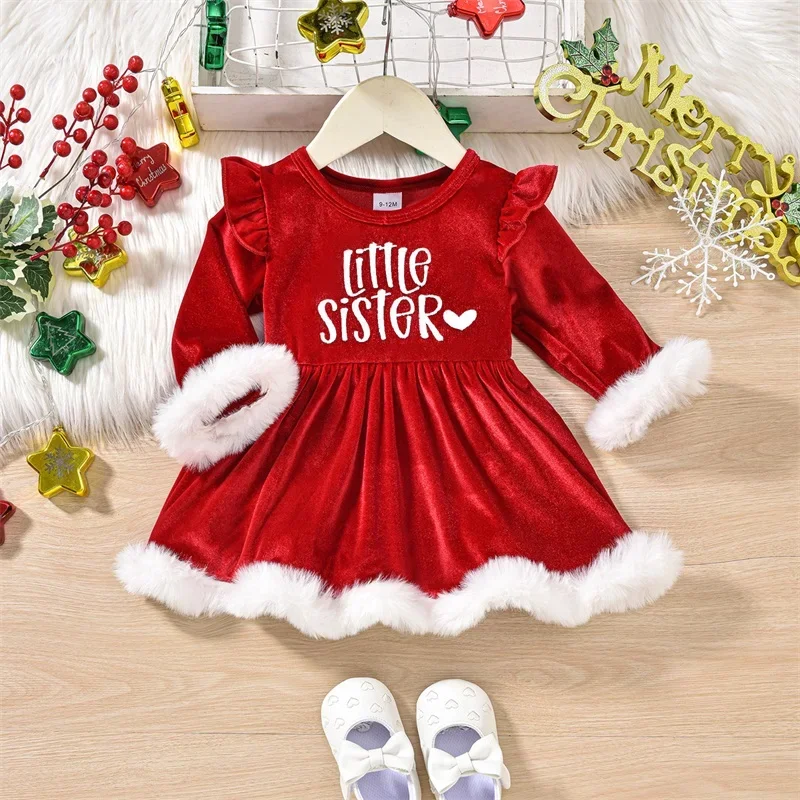 

Tregren Newborn Infant Baby Girls Christmas Romper Dress Long Sleeve Round Neck Letter Print Velvet Jumpsuits Playsuit Clothes