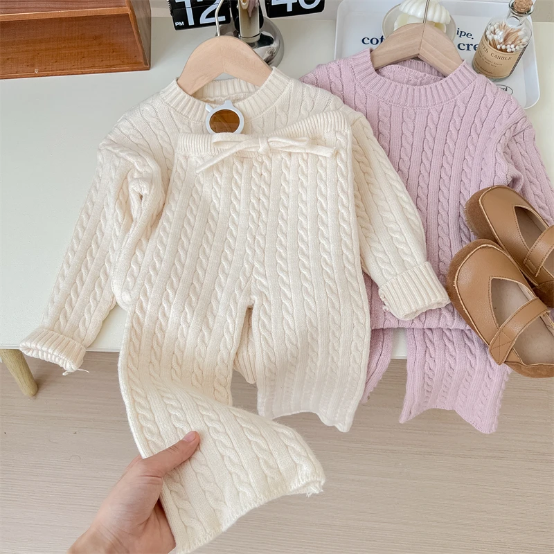 Fashion Girl\'s Sweater Suit Korean Round Neck Knitted Top + Drawstring Slim Pants Two Piece Set for Girls 2024 Spring New