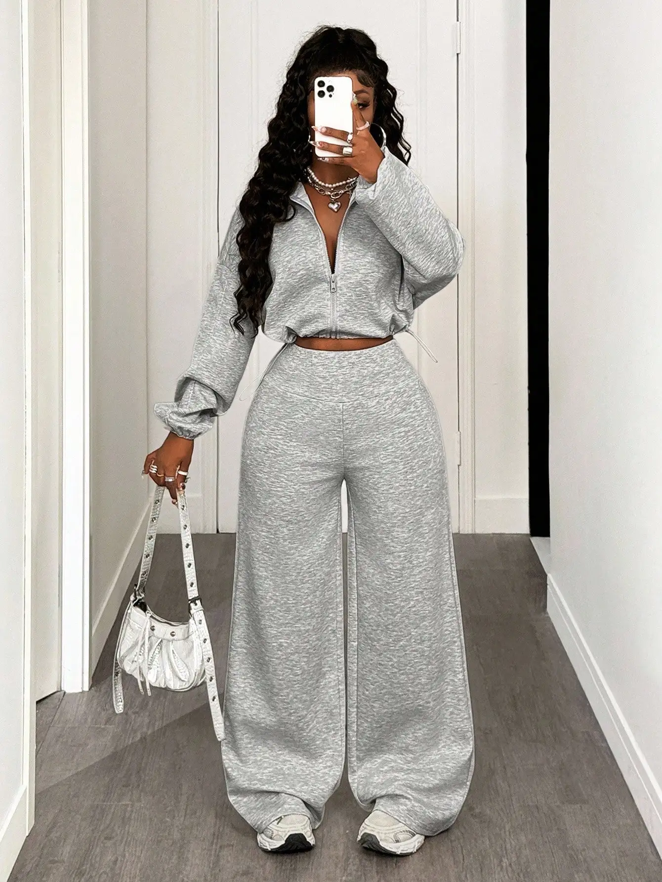 BamGleam Felpa con cappuccio corta da donna in tinta unita con spalle scoperte, manica lunga, zip frontale e pantaloni a gamba larga casual