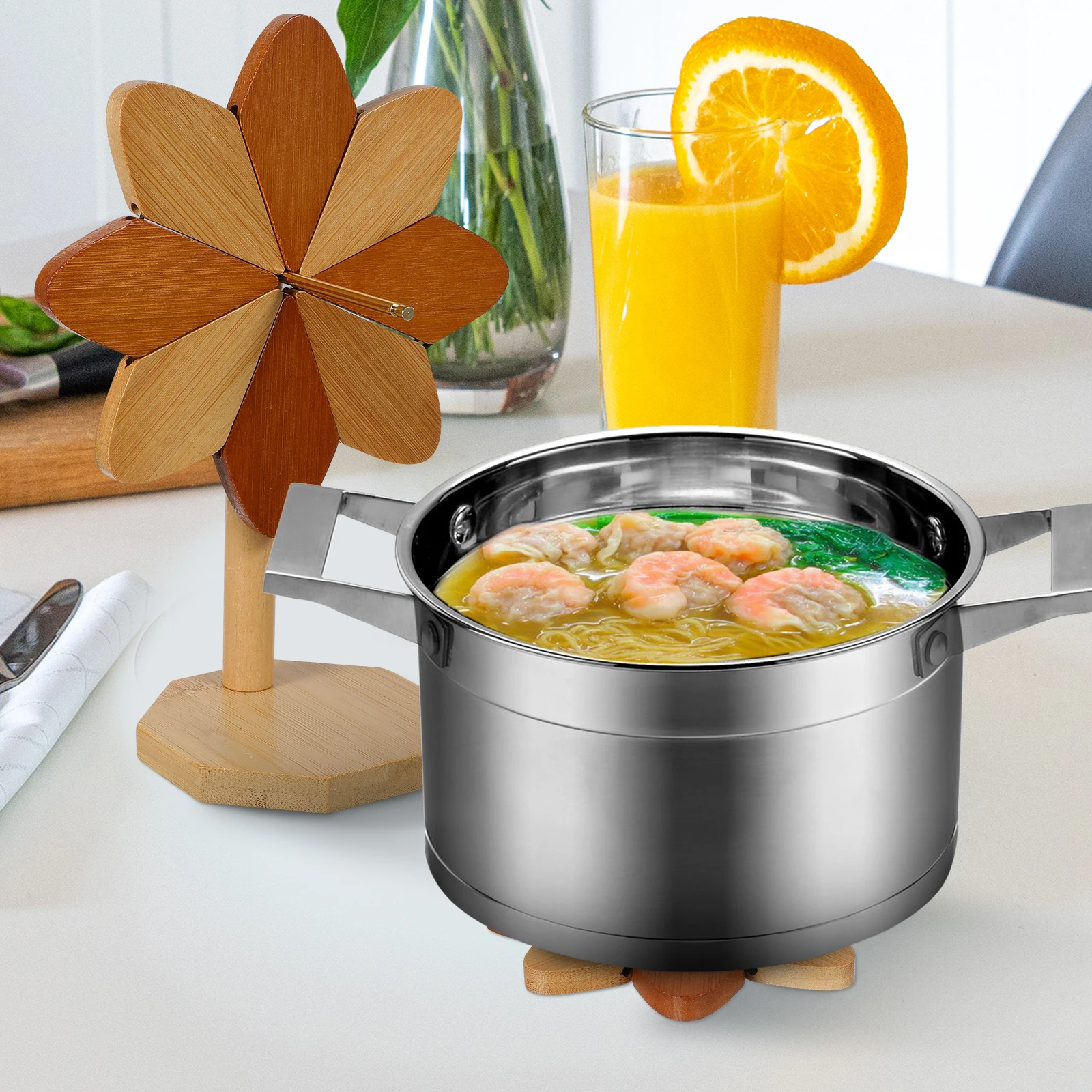 

1 Set Windmill Shape Tree Trivet Heat Resistant Expandable Kitchen Counter Protector Bamboo Coaster With Stand For Pots Dishes