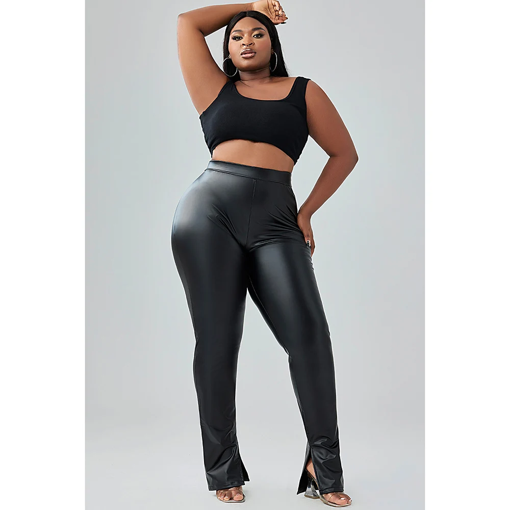 Plus Size Daily Pant Black High Waist Pu-Leather Pants