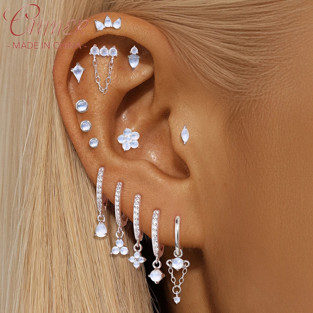 CANNER 1PC S925 Silver Natural Moonstone Horse Eye Flat Head Thread Puncture Stud Earring For Women Flower Piercing Ins Jewelry