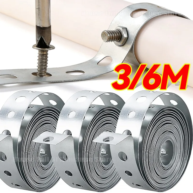 Cinta de Acero Galvanizado de 3/6M, Preperforada, Multicanal, para Soporte de Tuberías y Trabajos con Láminas Metálicas, Suspensión Fija de Tuberías