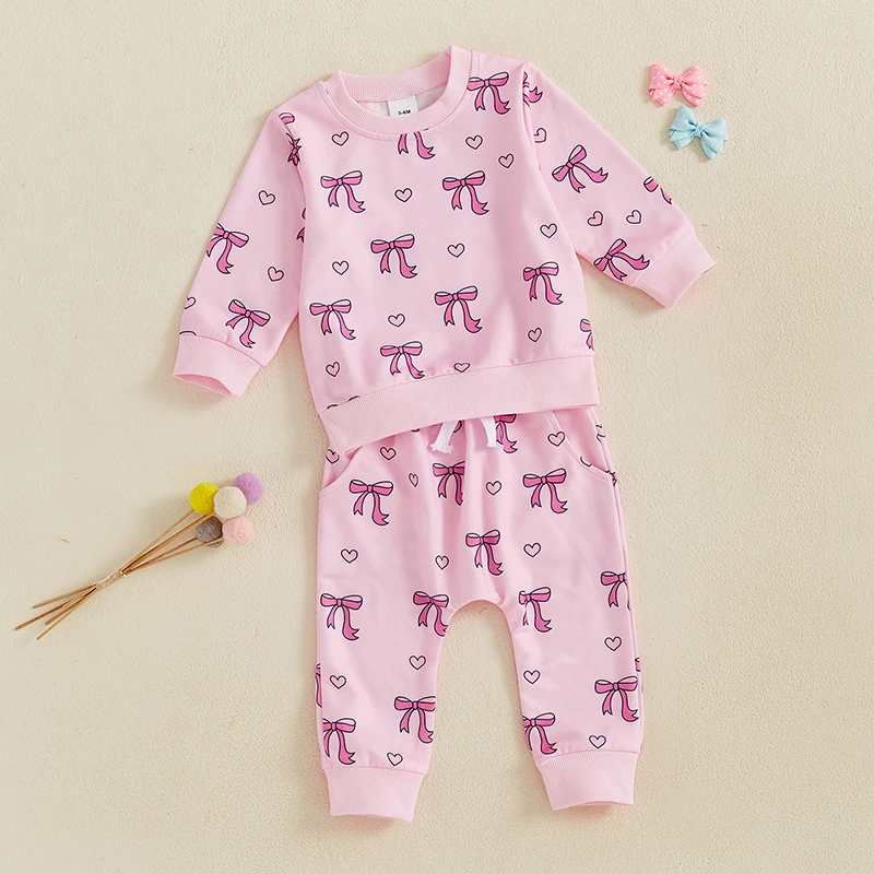 Baby Girls 2-piece Outfit Bow Print Long Sleeve Crew Neck Sweatshirt with Elastic Waist Sweatpants Fall Clothes image 5