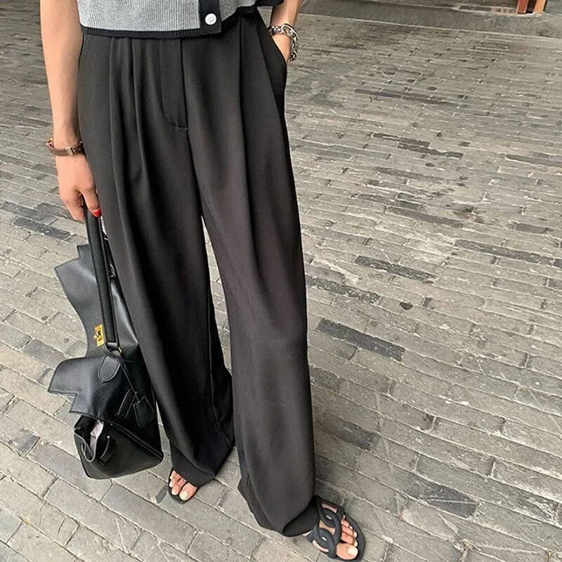 Women High Waist Suit Wide Leg Pants Draped Straight Floor Length Trousers Casual Pants