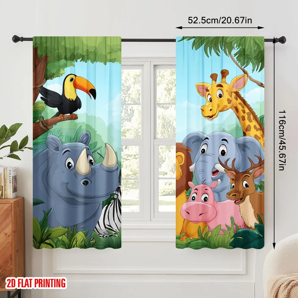 2pcs 2D flat printing Party Curtain Cute Cartoon Safari Animals Polyester Without Electricity Festive Holiday Perfect for Home