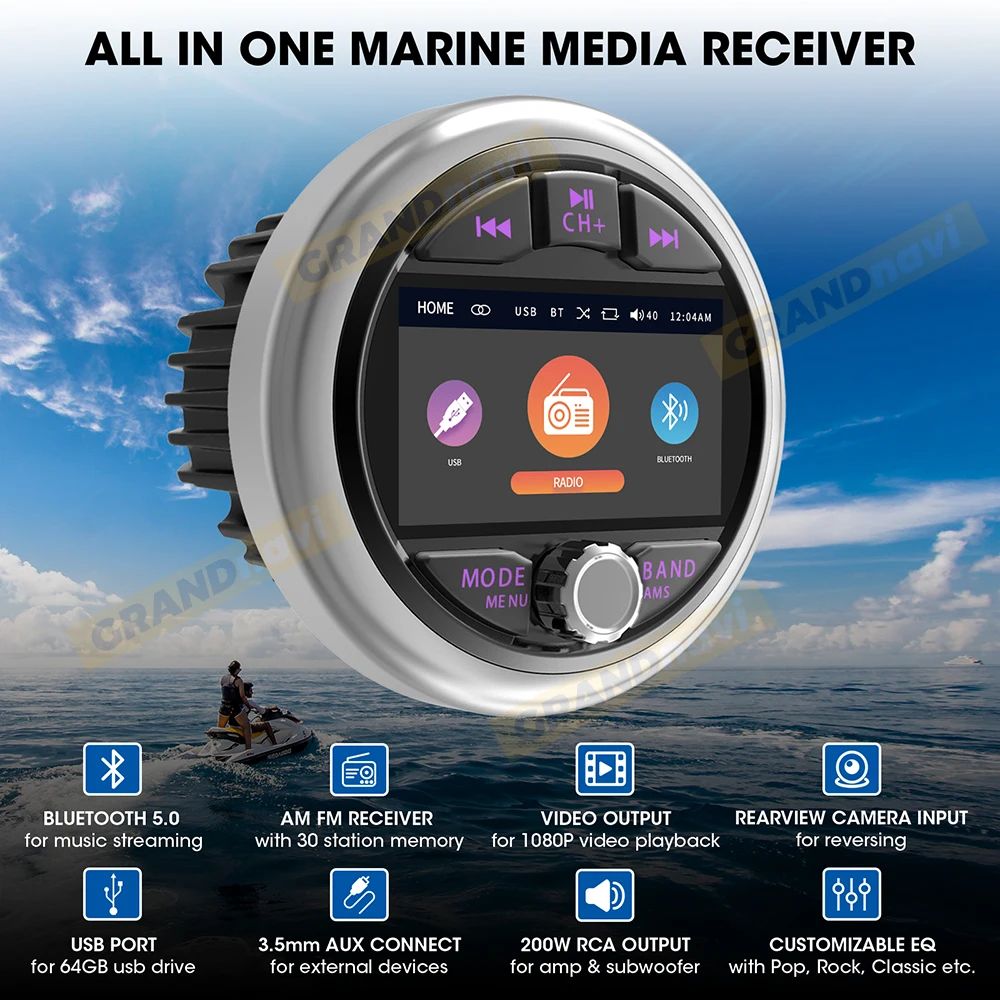 GRANDnavi MP5 Marine Stereo Waterproof IPX5 Boat Radio Player Bluetooth FM AM RDS Audio For Yacht Gauge ATV UTV Cart Motorcycle