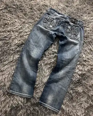 Y2k Streetwear Slim Fit Jeans Women Gothic Punk Pocket Cross Embroidered Studded Jeans Fashionable Trendy Casual Low Rise Pants