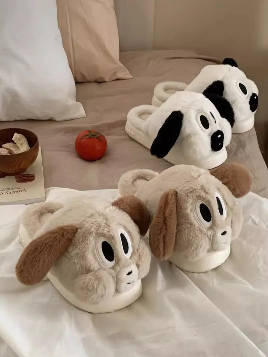 Fun Cartoon Puppy Cotton Slippers For Men And Women  Winter Couple Home Slippers Velvet Warmth Half Pack Heels