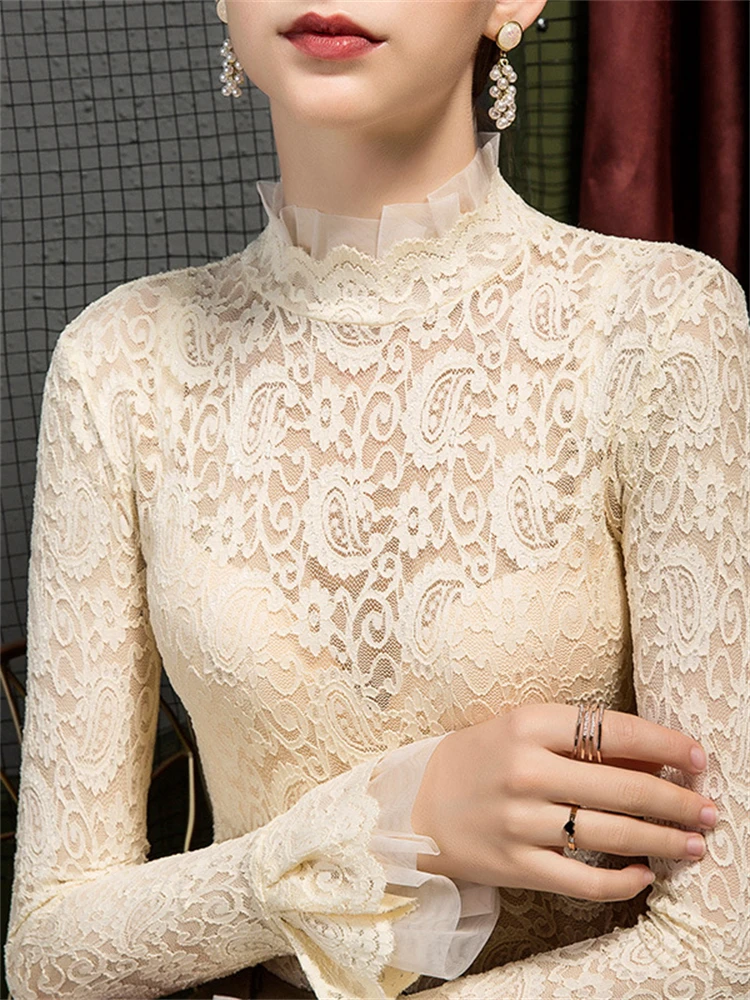 

Spring Fashion Women's Turtleneck Lace T-shirts Lady Long Puff Sleeve Slim Sexy Transparent Elegant See Through Bottoming Shirts