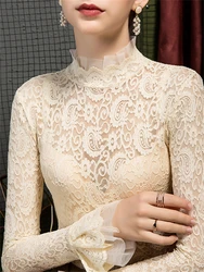 Spring Fashion Women's Turtleneck Lace T-shirts Lady Long Puff Sleeve Slim Sexy Transparent Elegant See Through Bottoming Shirts