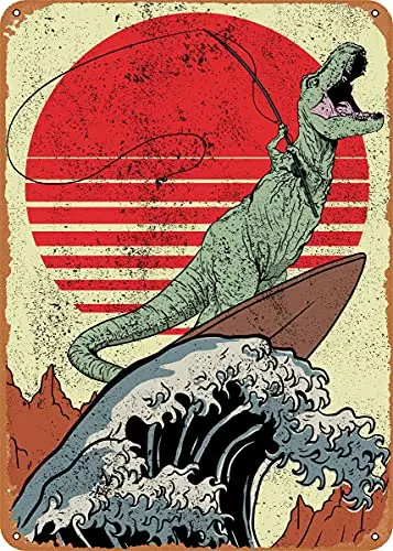 Fishing Dinosaur TRex Vintage Look Metal Sign Patent Art Prints Retro Gift 8x12 Inch sign